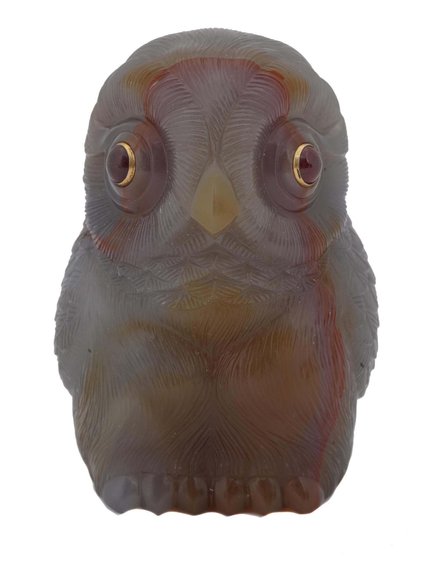 RUSSIAN CARVED AGATE OWL FIGURINE WITH RUBY EYES PIC-3